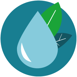 Türkisfarbenes, kreisförmiges Logo mit einem hellblauen Wassertropfen und zwei grünen Blättern