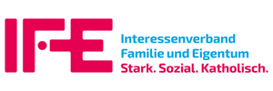 IFE logo with pink letters and blue German tagline: “Interessensverband Familie und Eigentum Stark. Sozial. Katholisch.”