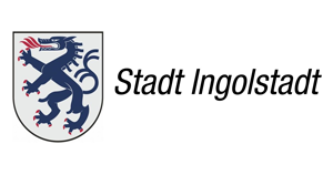 Stadt Ingolstadt-Logo mit blauem Wappenschild und schwarzer Schrift auf weißem Hintergrund