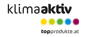 Klimaaktiv-Logo mit fünf farbigen Punkten und dem Text topprodukte.at