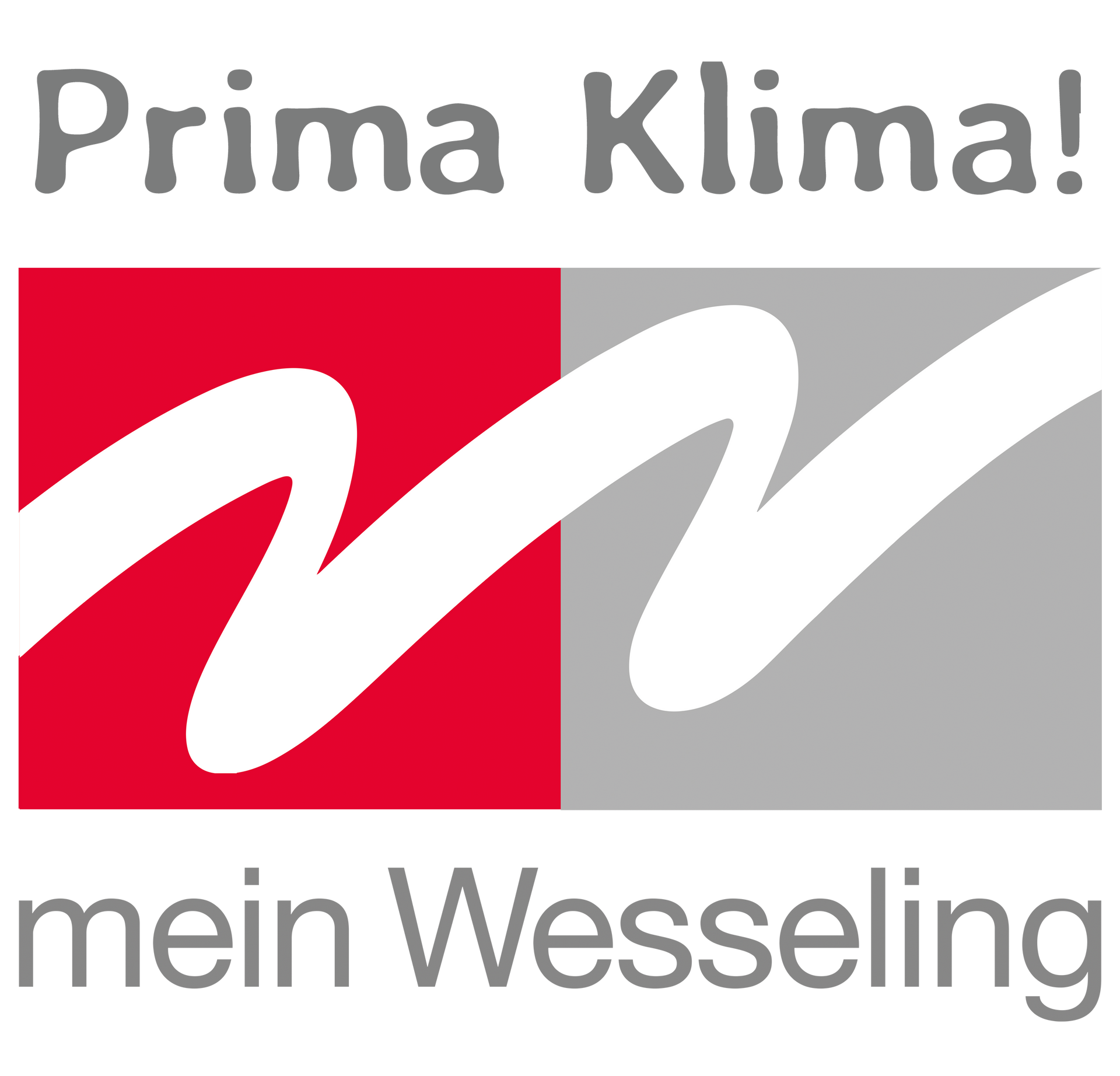 Logo mit grauem Text „Prima Klima!“ und „mein Wesseling“ auf abstraktem Hintergrund in Rot, Weiß und Grau