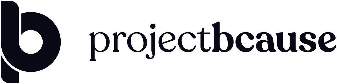 Projectbcause-Logo mit schwarzer Kleinbuchstabenschrift und einem stilisierten blau-schwarzen „b“-Symbol