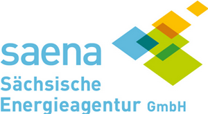Saena Sächsische Energieagentur GmbH logo in blue and green with yellow diamond shapes