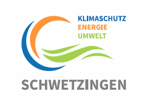 Schwetzingen logo with blue and orange swooshes and text “Klimaschutz Energie Umwelt” in green and blue