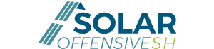 Solar Offensives SH-Logo in blauer und grüner Schrift mit stilisierten Streifen auf weißem Hintergrund