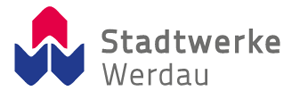 Logo der Stadtwerke Werdau mit blauem und rotem Emblem und grauem Text