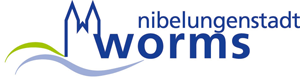 Logo für Worms, „Nibelungenstadt“, in Blau und Grün mit stilisierten Burgtürmen und Wellenlinie