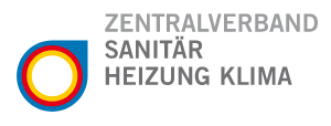 Logo des Zentralverbandes Sanitär Heizung Klima mit blauem, gelbem und rotem Kreisemblem