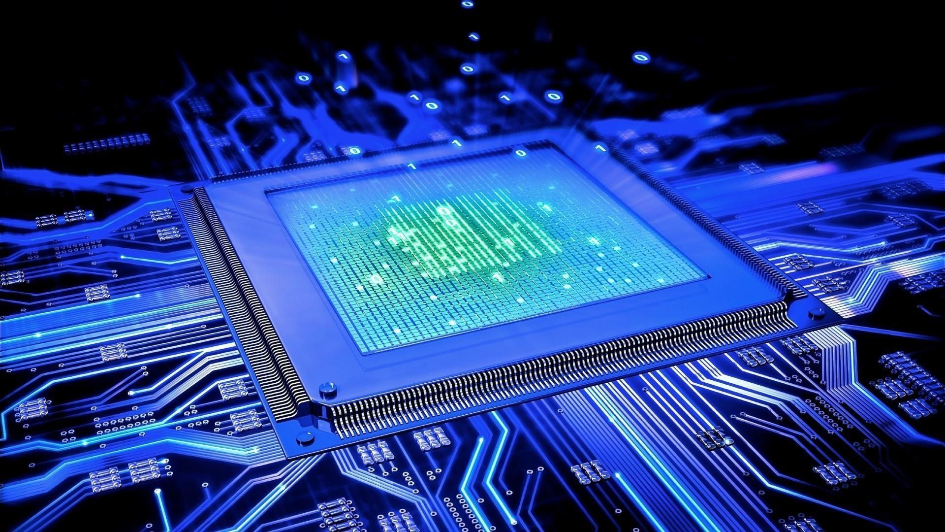 A computer chip is sitting on top of a motherboard.