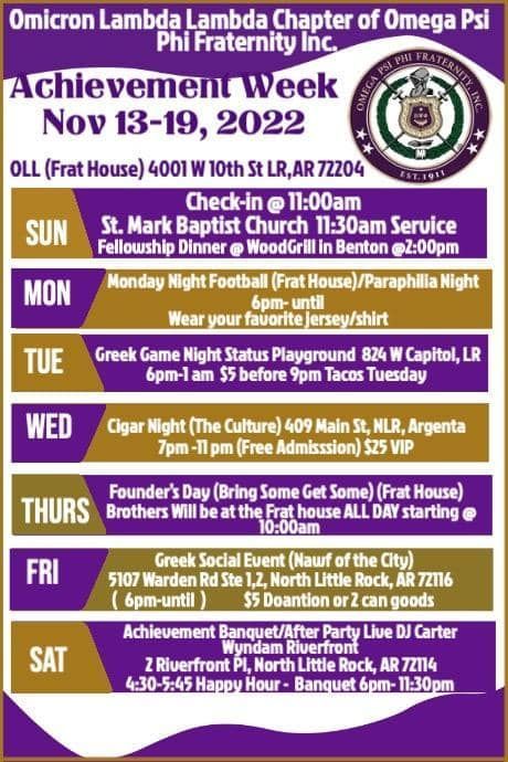 Event flyer: Omega Psi Phi fraternity's Achievement Week, Nov 13-19, 2022, featuring various activities in Little Rock, AR.