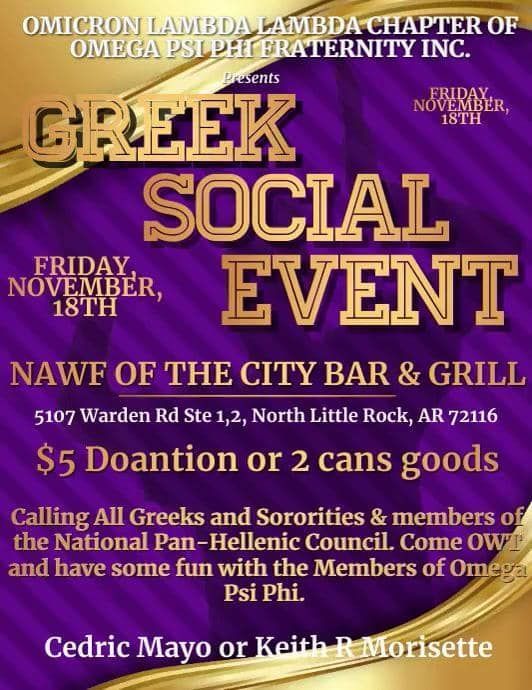 Flyer for a Greek social event at a bar in North Little Rock, AR, on Nov. 18th. Featuring gold lettering on purple background.