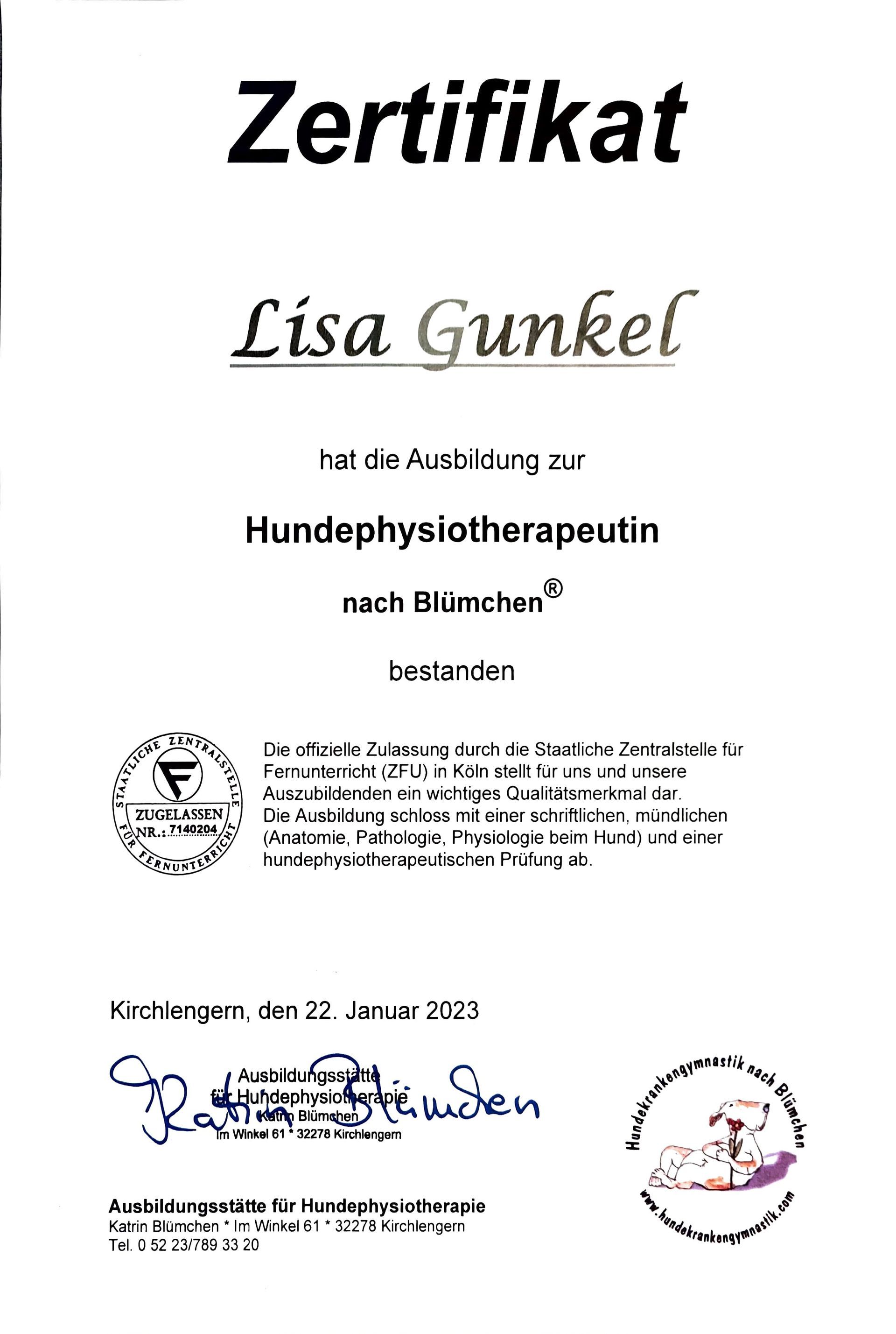 Zertifikat Hundephysiotherapie Lisa Gunkel Zertifikat Hundephysiotherapie Lisa Gunkel