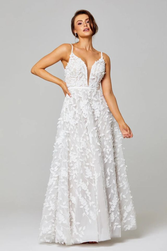 Woman in a Floral Lace Wedding Gown With Spaghetti Straps — Just Formals in Winnellie, NT