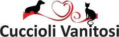 Logo con le sagome nere di un cane e un gatto sopra la scritta “Cuccioli Vanitosi” in nero e rosso.