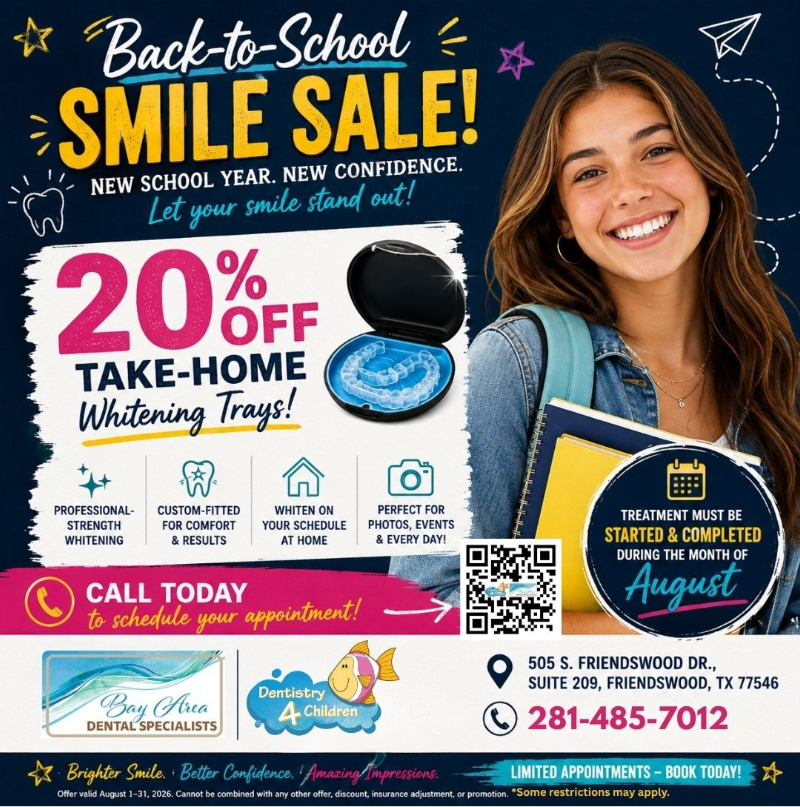 Back-to-School Smile Sale ad for whitening trays with smiling woman, 20% off, and dental office contact info