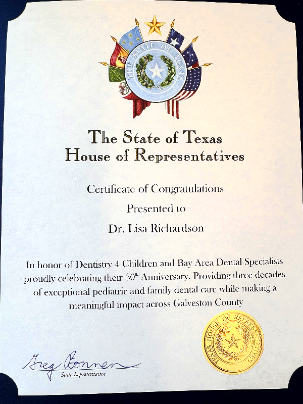 Texas House of Representatives certificate of congratulations with state seal and handwritten signature