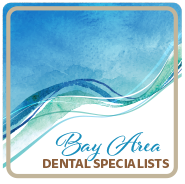 A logo for bay area dental specialists with a blue and green wave