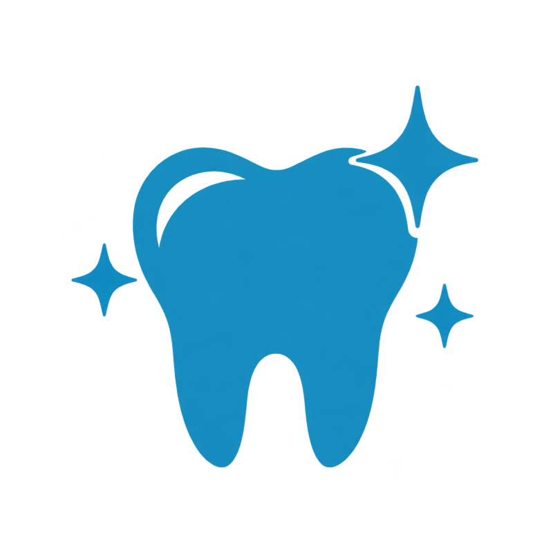 Blue tooth icon with sparkles, suggesting dental cleaning or whitening