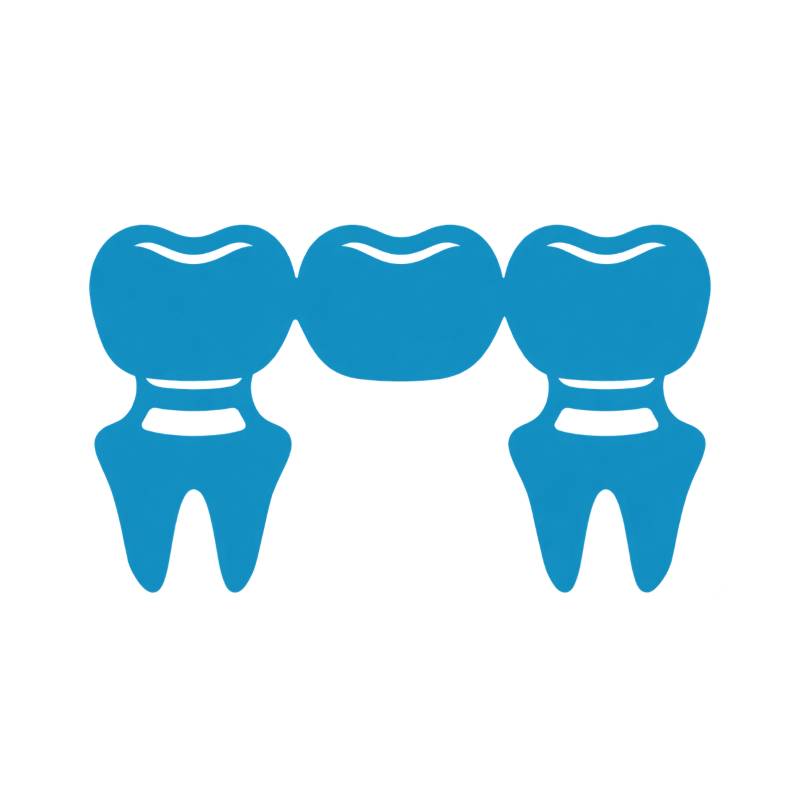 Blue cartoon icon of three connected teeth, resembling a dental bridge or crowns