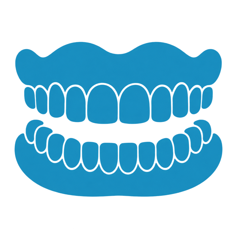 Blue cartoon set of dentures with upper and lower teeth, front view