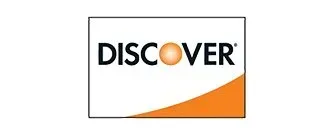 A white and orange logo for discover on a white background.