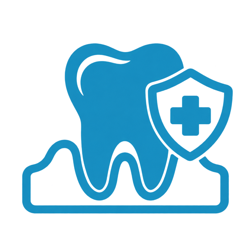 Blue tooth with a shield and medical cross, representing dental protection or oral healthcare