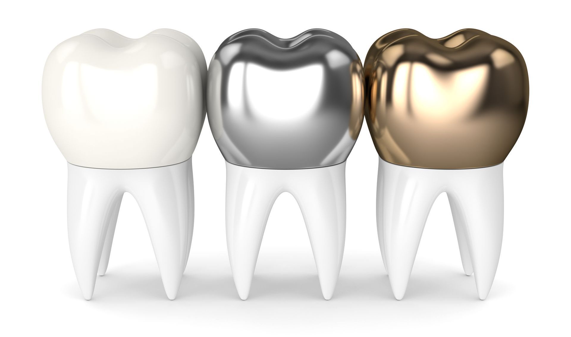 Three tooth crowns are lined up in a row on a white background.