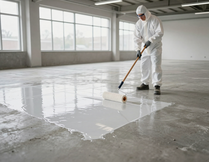 Installer rolling epoxy onto a prepared concrete floor