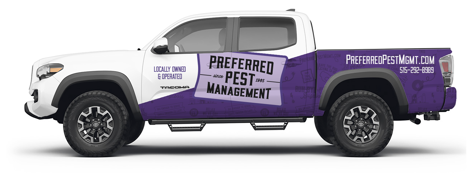 White and purple Preferred Pest Management truck.