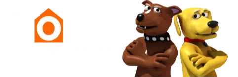 Two cartoon dogs with crossed arms, and an orange logo.