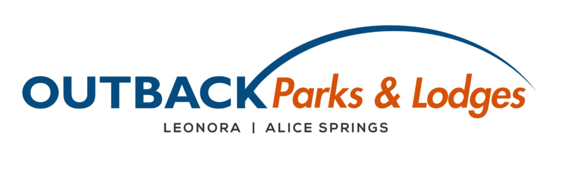 Logo for Outback Parks & Lodges: text in blue and orange with an arc and location text.