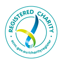 A registered charity logo with a blue and yellow ribbon in a circle.