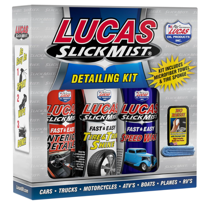 A box of lucas slick mist detailing kit