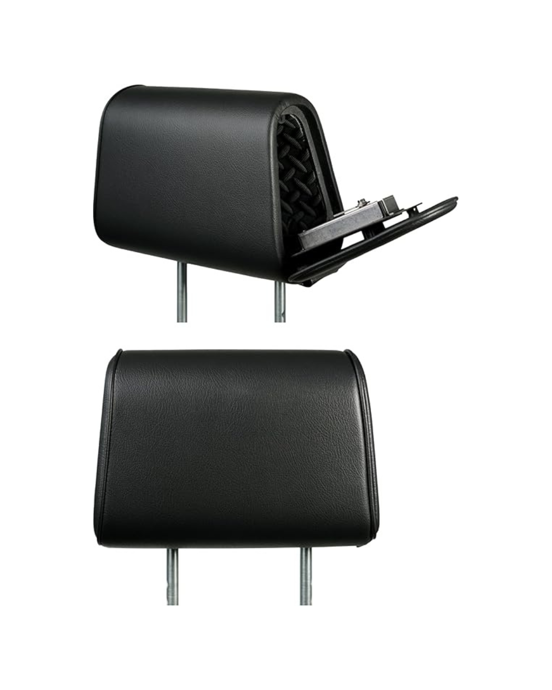 A pair of black headrests on a white background.