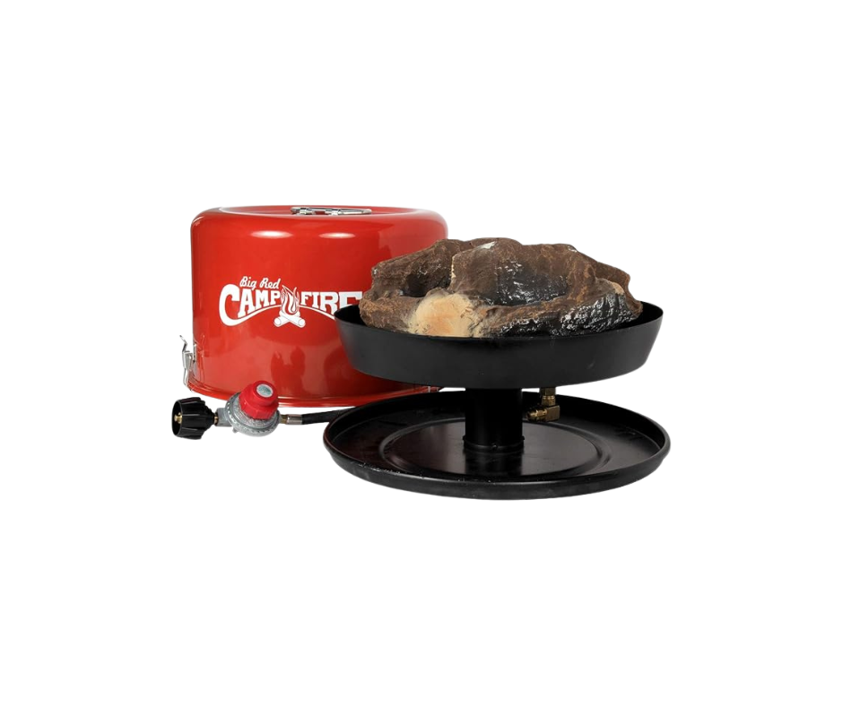 Red Camp Chef propane fire pit with a black cooking ring holding a piece of cooking material.