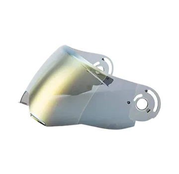A close up of a helmet visor on a white background.