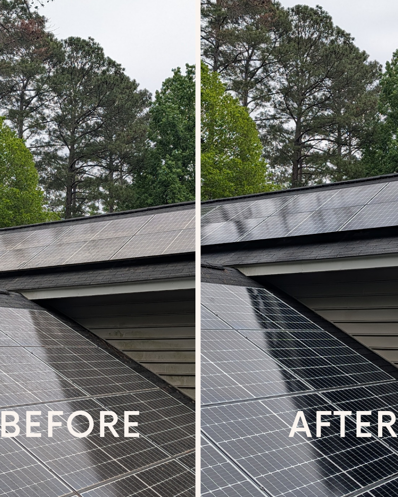 Solar panels on a house roof beneath trees, with one panel partially detached at the edge.