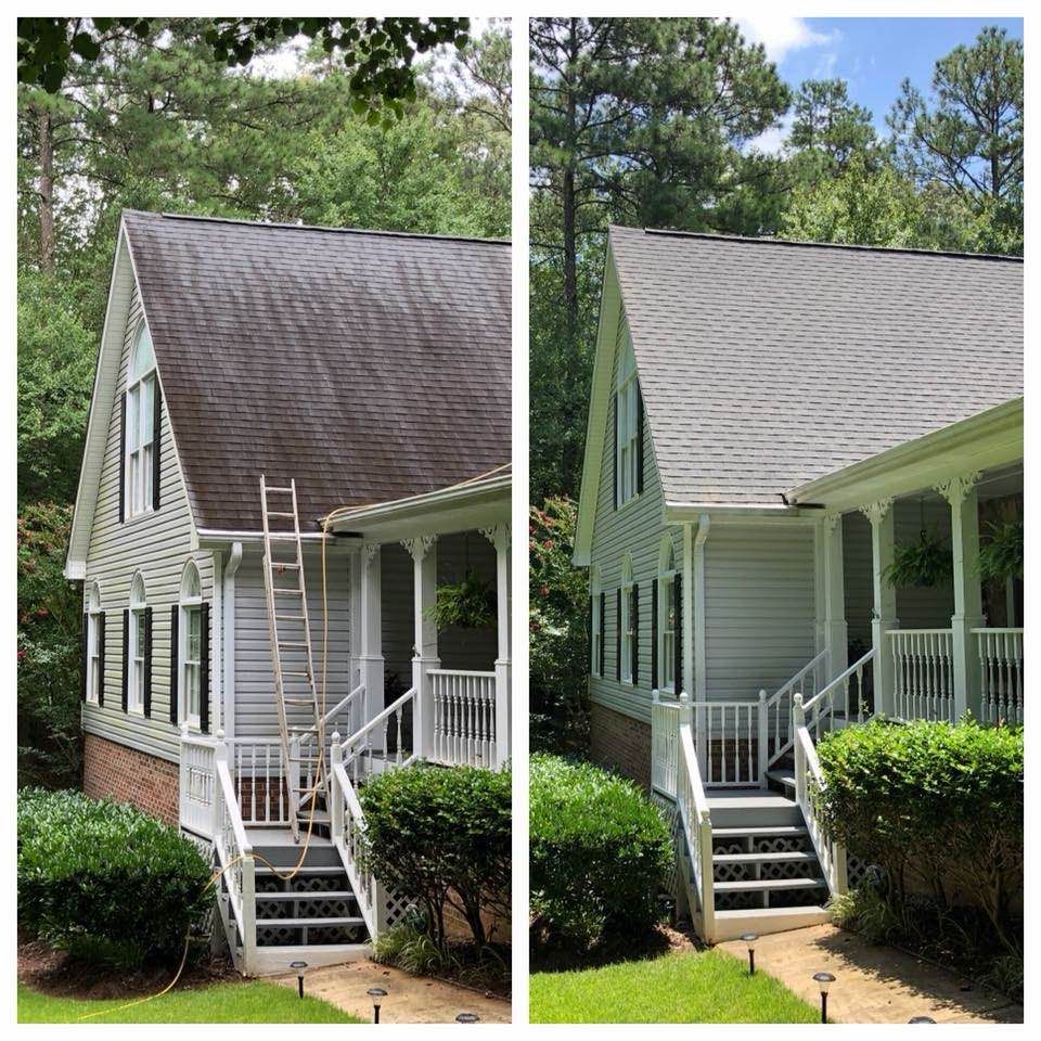 Side-by-side house exterior before and after roof replacement, showing old dark roof and new light gray shingles