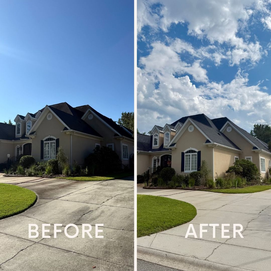 Split-screen of a beige house and driveway before and after landscaping, with clear blue sky and clouds.