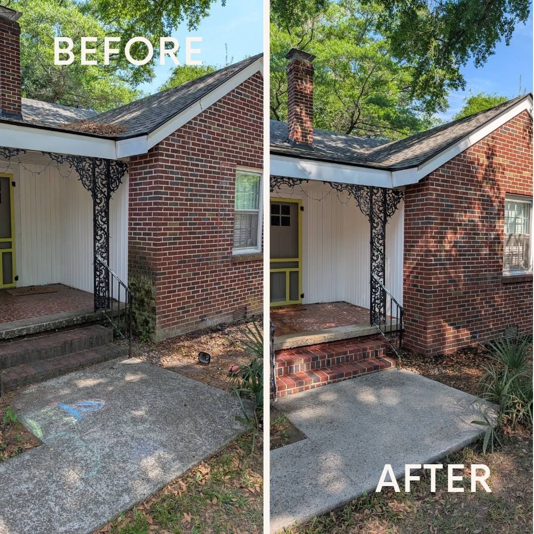Before-and-after split view of a brick house porch and walkway, showing a cleaner concrete path and steps.