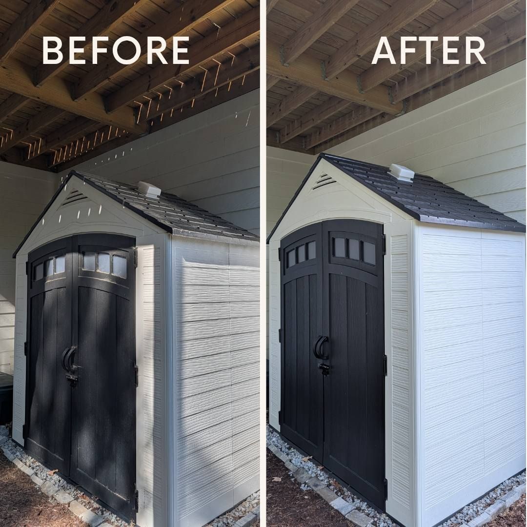 Before-and-after of a shed exterior repaint: dark door and gray siding changed to a white wall and black door.