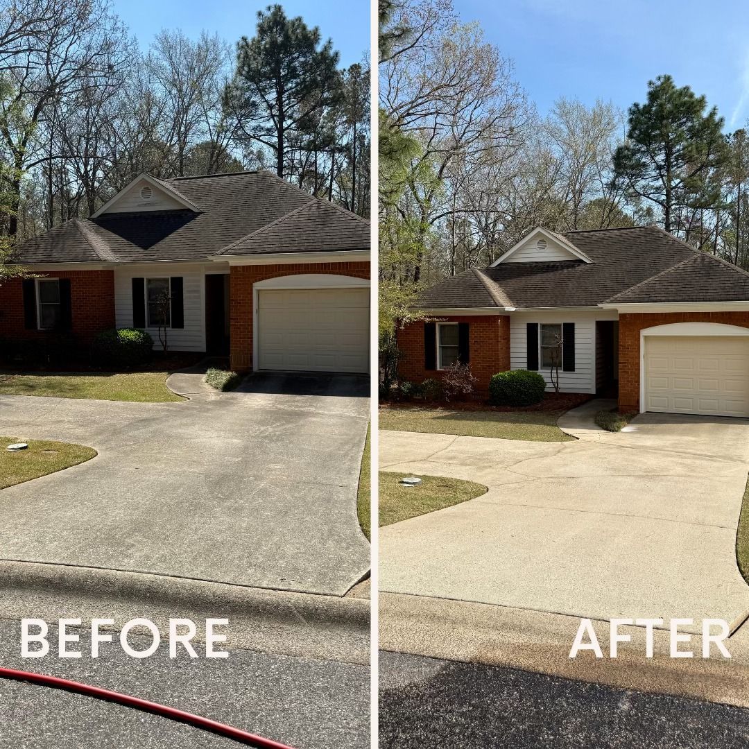 Split before-and-after view of a house driveway and exterior, showing a cleaned, brighter surface.