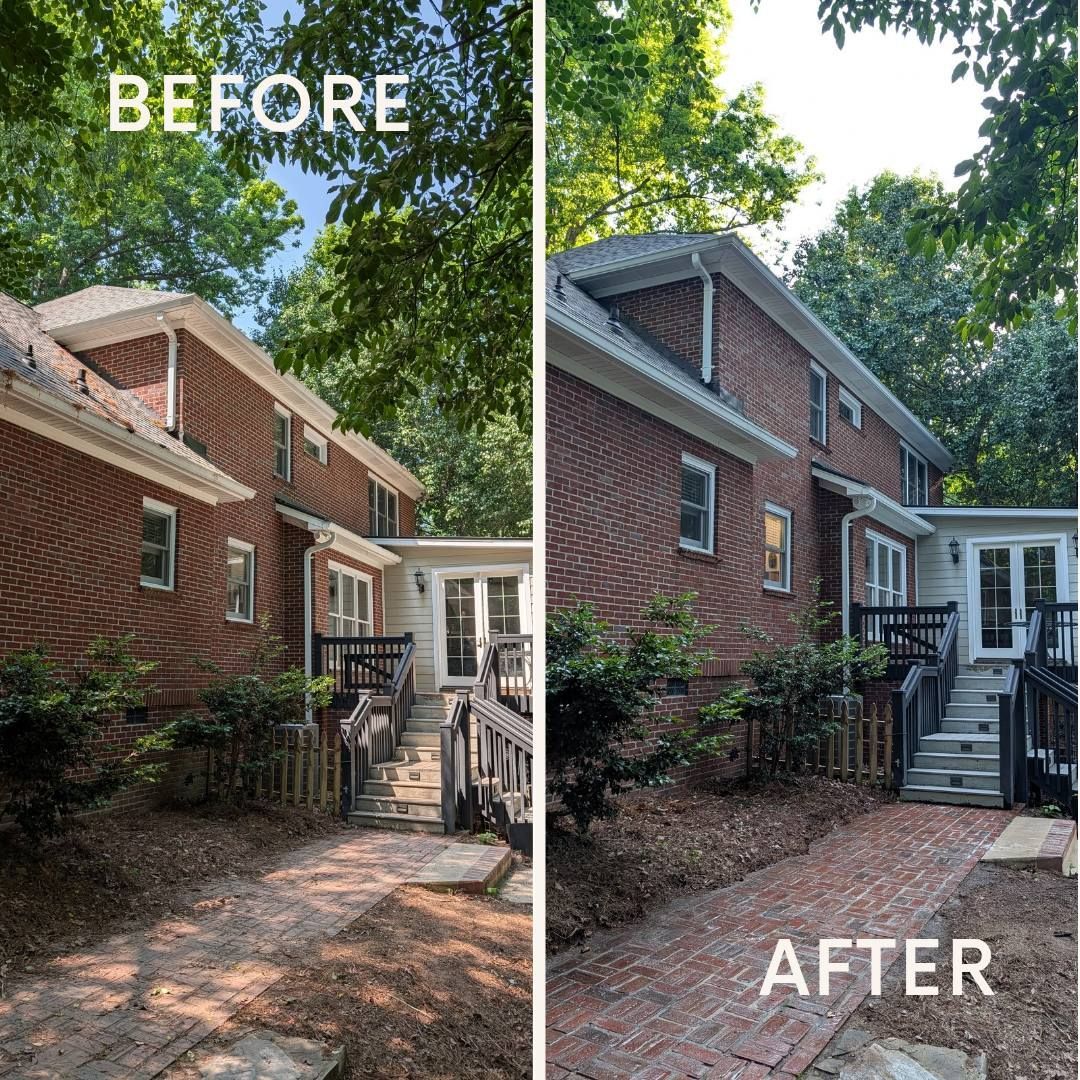Before-and-after view of a brick house exterior with updated steps, railing, and landscaping.