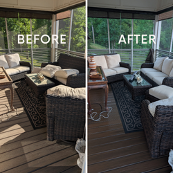 Before-and-after view of a house exterior with cleaner white siding and a brighter porch area.