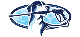 Blue and white logo of a dog holding a leash or ribbon in its mouth