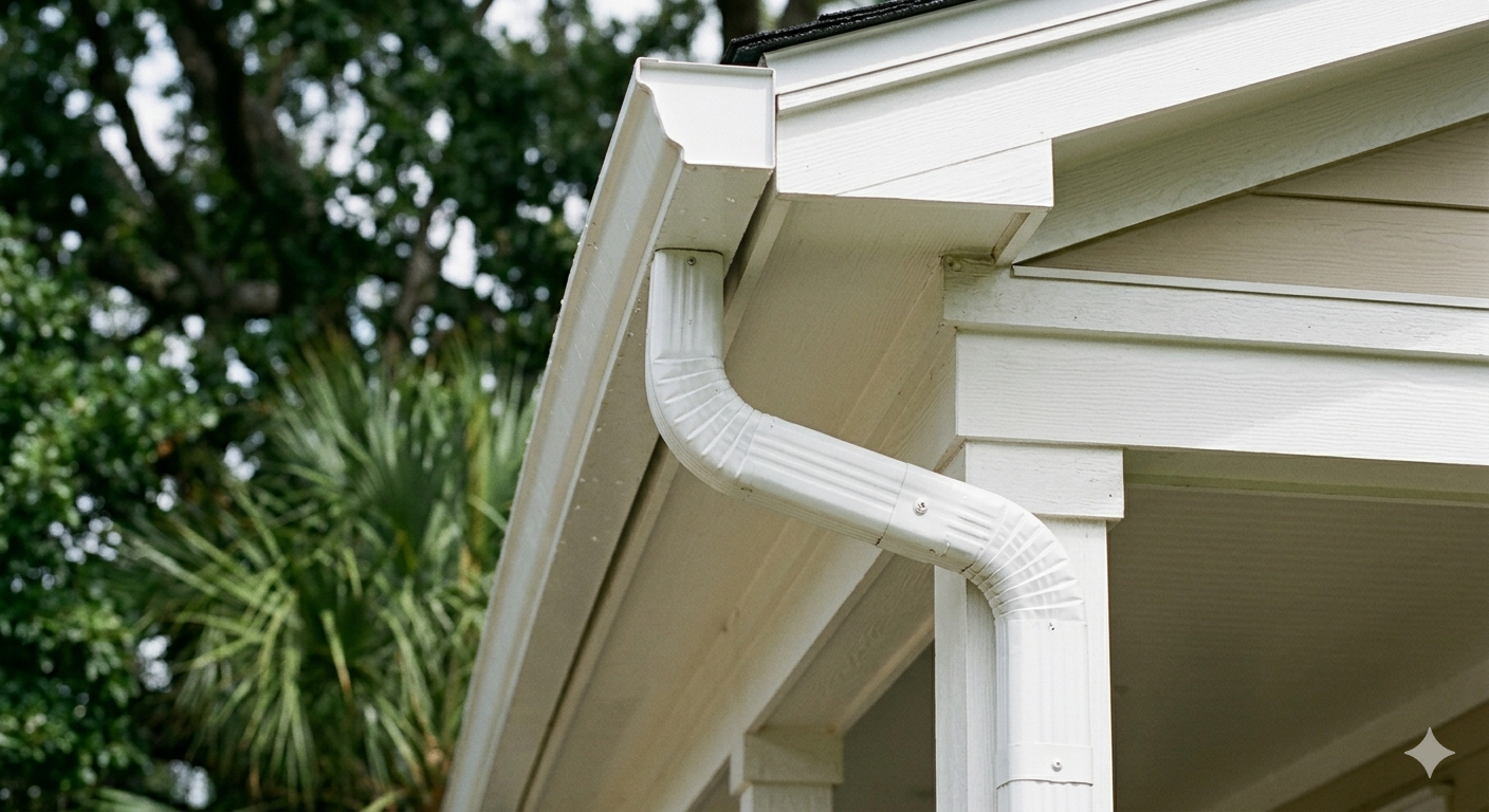 White rain gutter and downspout on a house roof with trees in the background