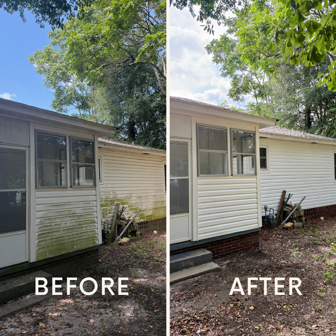 Before-and-after view of a house exterior with cleaner white siding and a brighter porch area.