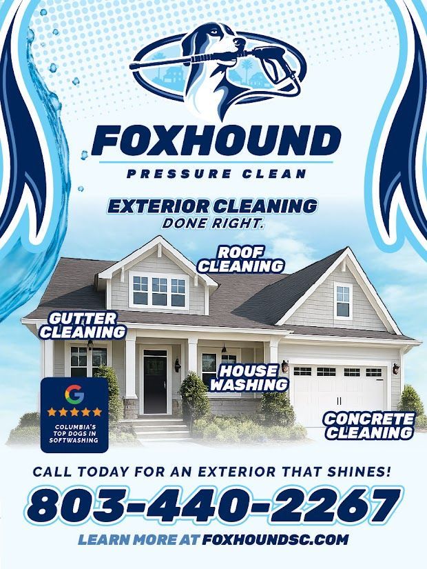 Foxhound Pressure Clean ad for exterior cleaning services with house, truck, and contact number 803-440-2287