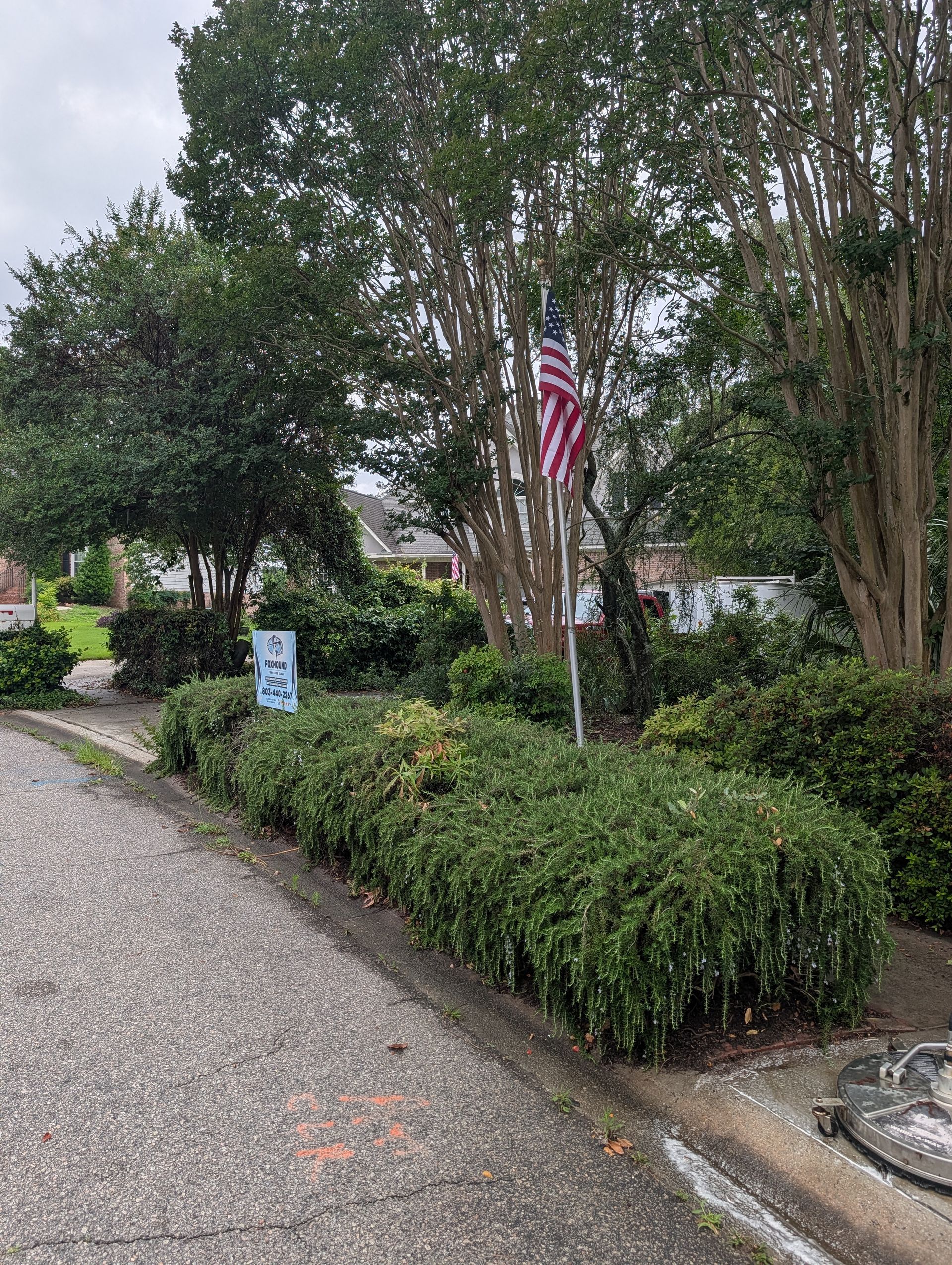 Residential driveway with hedges, trees, and an American flag beside a gravel path