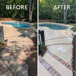 Before-and-after split view of a brick house porch and walkway, showing a cleaner concrete path and steps.